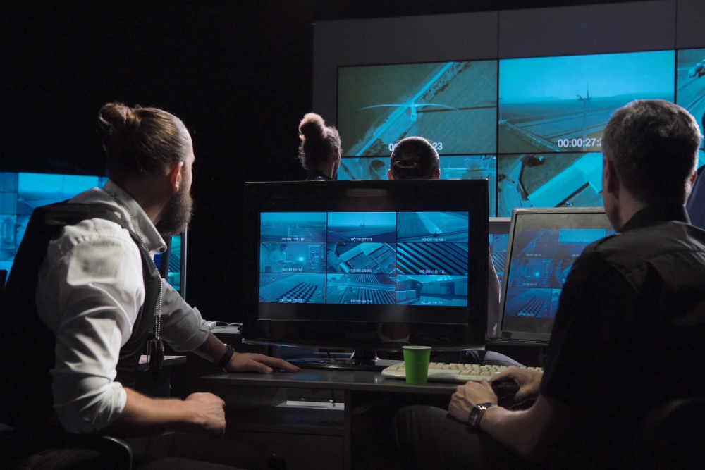 a special forces and policemen surveillance team in a modern office with large live screens